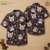 Men's Hawaiian Christmas shirt flat lay showing front and back of dark blue short-sleeve button-up with corgi and cat Santa hat print, gold ornaments, red bows, and holly berries