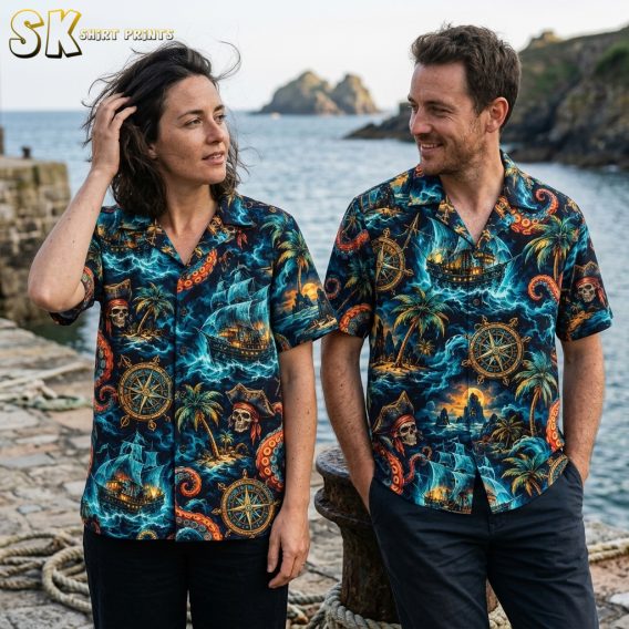Couple wearing matching black halloween hawaiian shirts featuring sailing ships, skulls in tri-corner hats, and vibrant octopus tentacles.