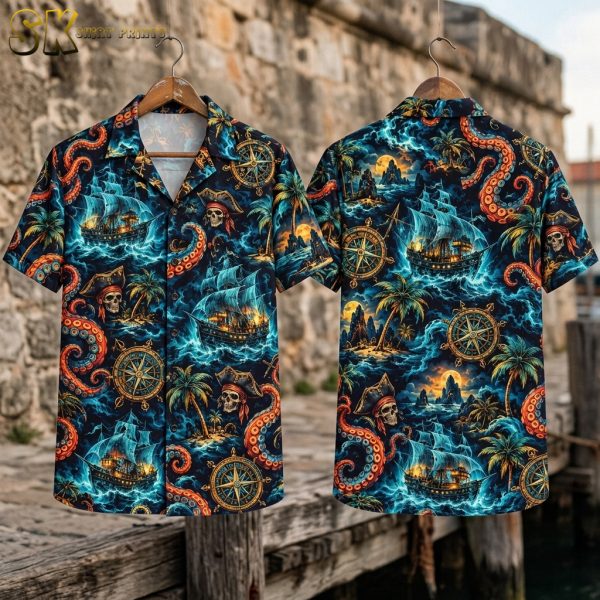 Pirate Ships & Kraken Tentacles Men's Hawaiian Shirt