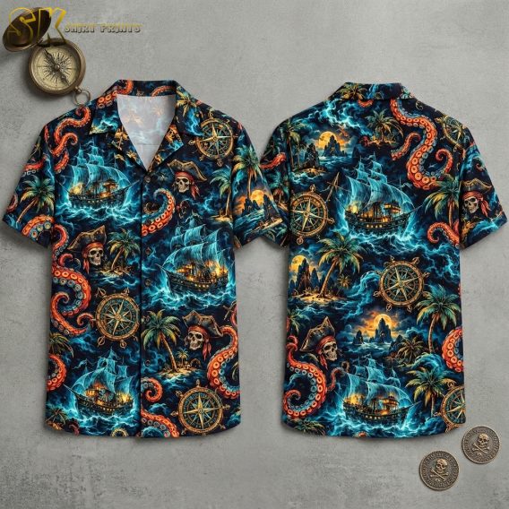 Flat-lay front and back views of a black horror themed hawaiian shirt with an all-over pattern of sailing ships, pirate skulls, octopus tentacles, and palm trees.