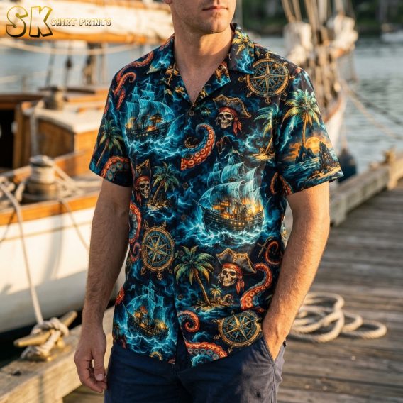 Man wearing a black mens halloween hawaiian shirt printed with sailing ships, pirate skulls, and octopus tentacles.