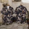 Front and back hanger view of a halloween hawaiian shirt with a beige base, featuring black ravens, gold crescent moons, celestial spheres, and dark floral motifs.
