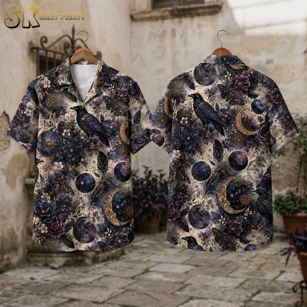 Front and back hanger view of a halloween hawaiian shirt with a beige base, featuring black ravens, gold crescent moons, celestial spheres, and dark floral motifs.