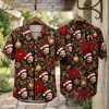 Santa Claus Hawaiian shirt shown front and back on hanger, black button-up with Santa faces, poinsettias, holly, gold ornaments, candy canes, and snowflakes