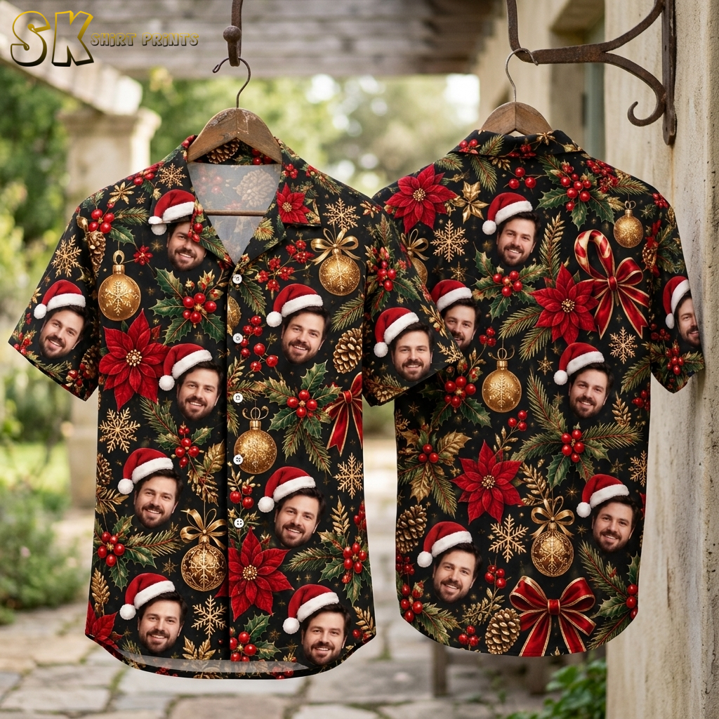Santa Claus Hawaiian shirt shown front and back on hanger, black button-up with Santa faces, poinsettias, holly, gold ornaments, candy canes, and snowflakes