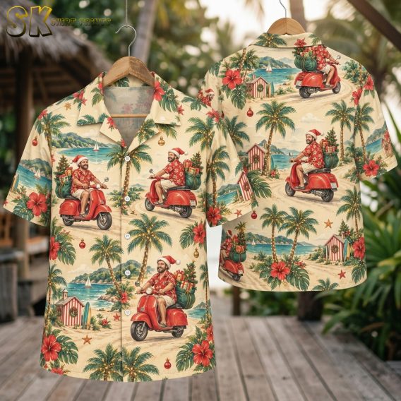 Santa Claus Hawaiian shirt shown front and back on hanger, featuring Santa riding a red scooter with palm trees, hibiscus flowers, and Christmas trees on a cream and red background