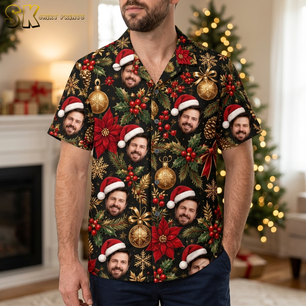 Man wearing a santa hawaiian shirt with black background print featuring Santa faces, poinsettias, holly, and Christmas ornaments