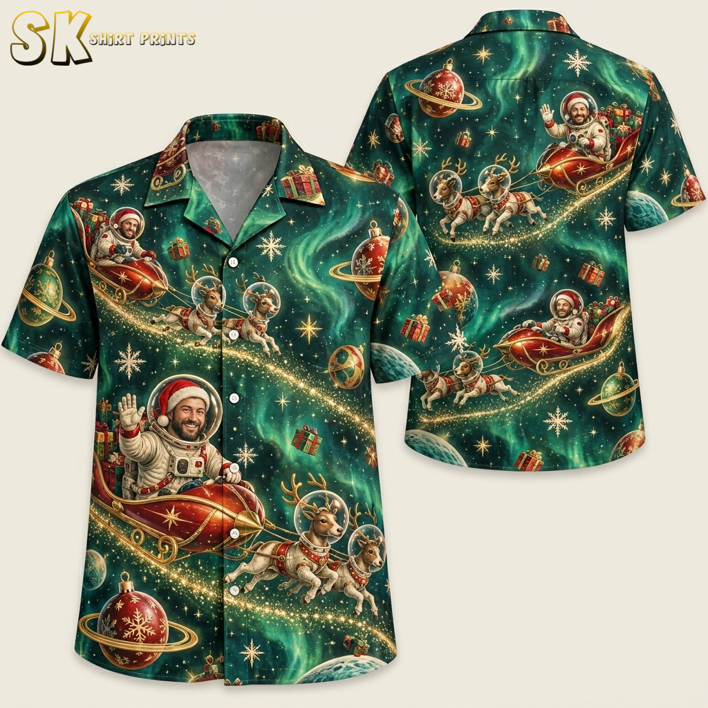 Santa Hawaiian shirt flat lay showing front and back of short-sleeve button-up with Santa in a spacesuit, space reindeer, planets, and gifts in dark green and red