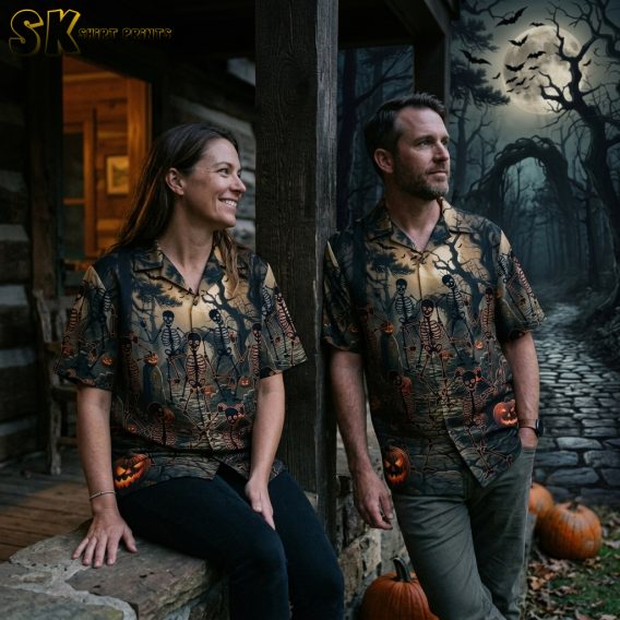 Couple wearing matching spooky Hawaiian shirts with skeleton, pumpkin, bat, and eerie forest print in black and orange