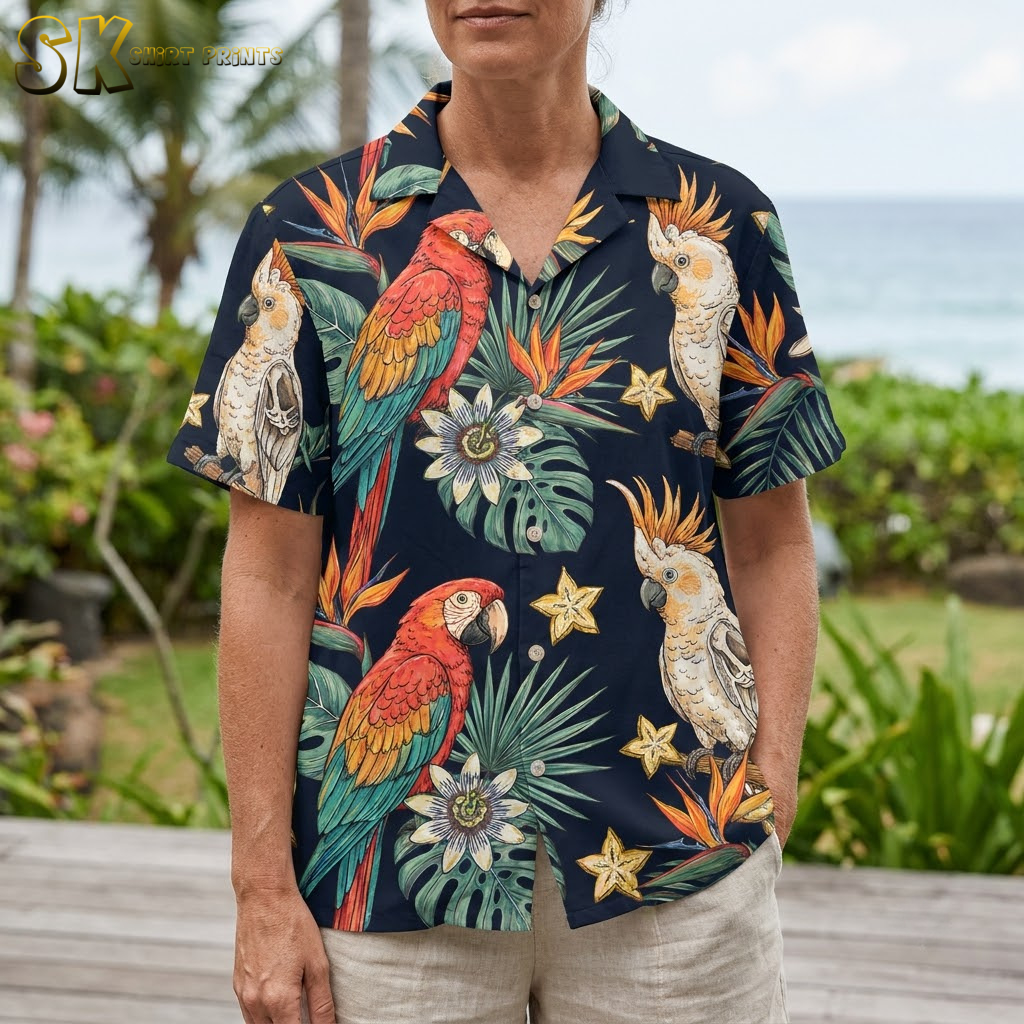 Female model wearing spooky hawaiian shirt close-up showing detailed parrot cockatoo and monstera leaf print in navy green and red