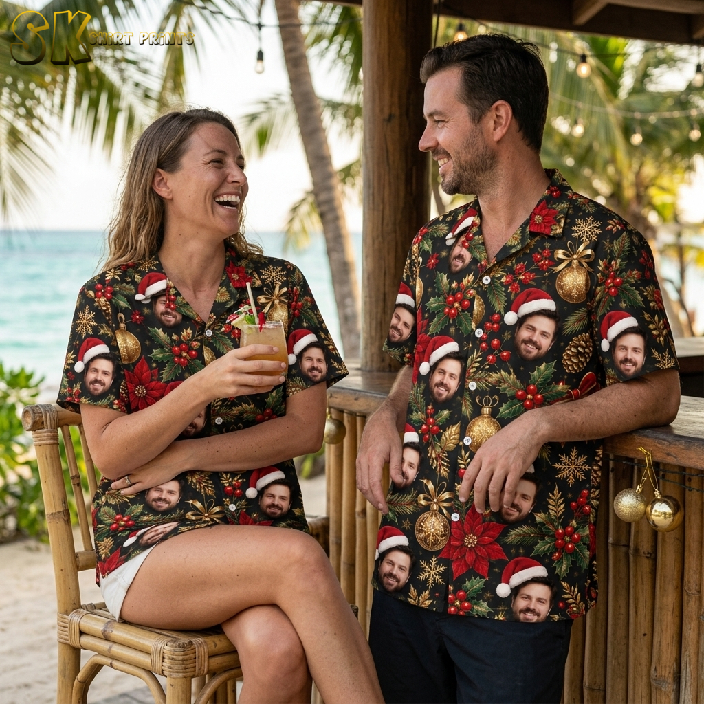 Couple wearing matching tropical christmas shirts with black background, Santa faces, poinsettias, holly, and holiday ornament print
