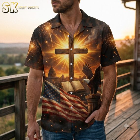 Man wearing USA 250 Hawaiian shirt with bald eagle, American flag, and US Capitol print in black and gold