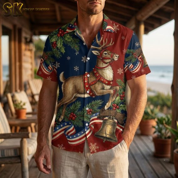 Man wearing a USA 250 Hawaiian shirt with reindeer, holly, and snowflake print on a red and navy blue background, short-sleeve relaxed fit