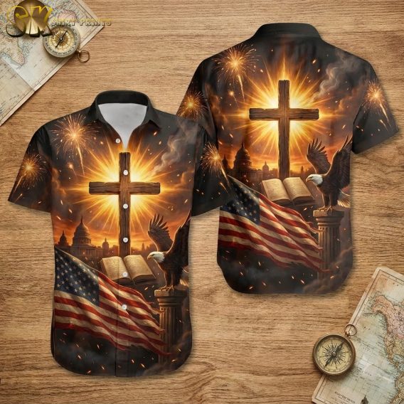 USA 250th Hawaiian shirt flat lay showing front and back with glowing cross, bald eagle, American flag, and Capitol building in black and gold