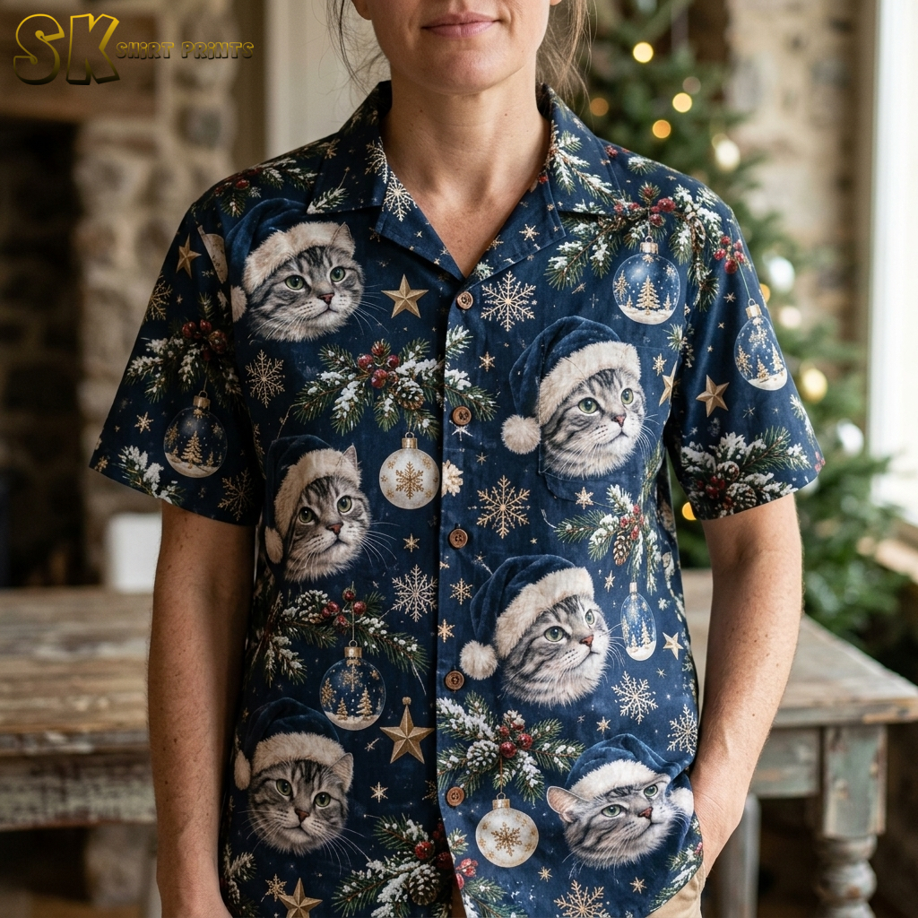 Close-up of a woman wearing a dark blue womens Hawaiian Christmas shirt showing detailed cats in Santa hats, snowflakes, pine branches, and Christmas baubles