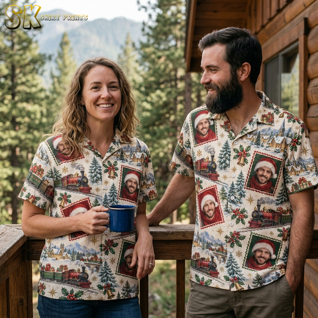 Couple wearing matching Hawaiian Christmas shirts with Santa portrait stamp print in red, green, and cream, shown in a lifestyle setting