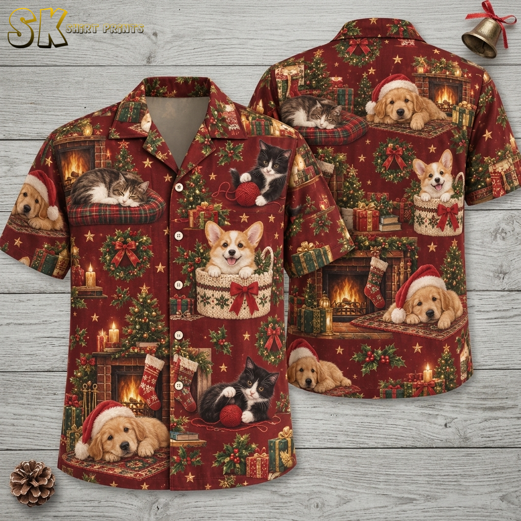 Flat lay front and back view of xmas hawaiian shirts featuring corgi, kitten, and golden retriever puppy design with Christmas trees, stockings, and gifts in red and green