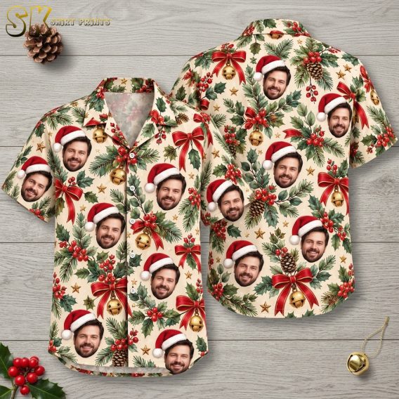 Flat lay front and back view of xmas Hawaiian shirt with Santa face pattern, holly leaves, pine cones, gold stars, and bells on a beige short-sleeve shirt
