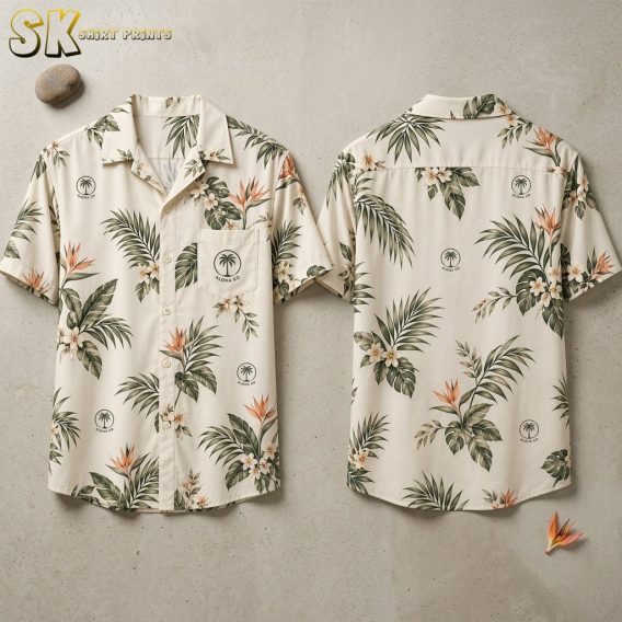 Front and back of a custom hawaiian shirt with company logo shown flat on a hanger, featuring an all-over pattern of palm fronds, bird of paradise blooms, and circular Aloha Co. palm tree logos on a creamy off-white base.