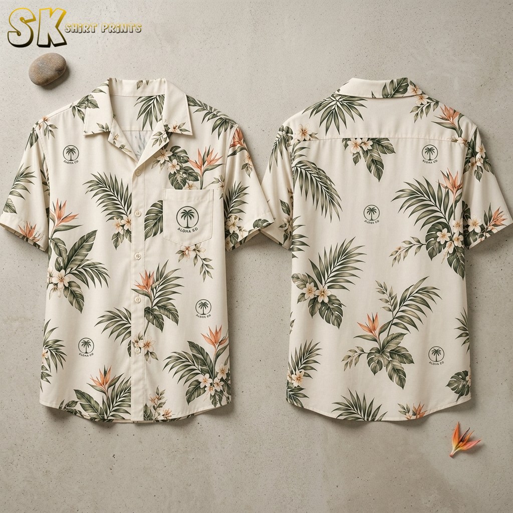 Front and back of a custom hawaiian shirt with company logo shown flat on a hanger, featuring an all-over pattern of palm fronds, bird of paradise blooms, and circular Aloha Co. palm tree logos on a creamy off-white base.