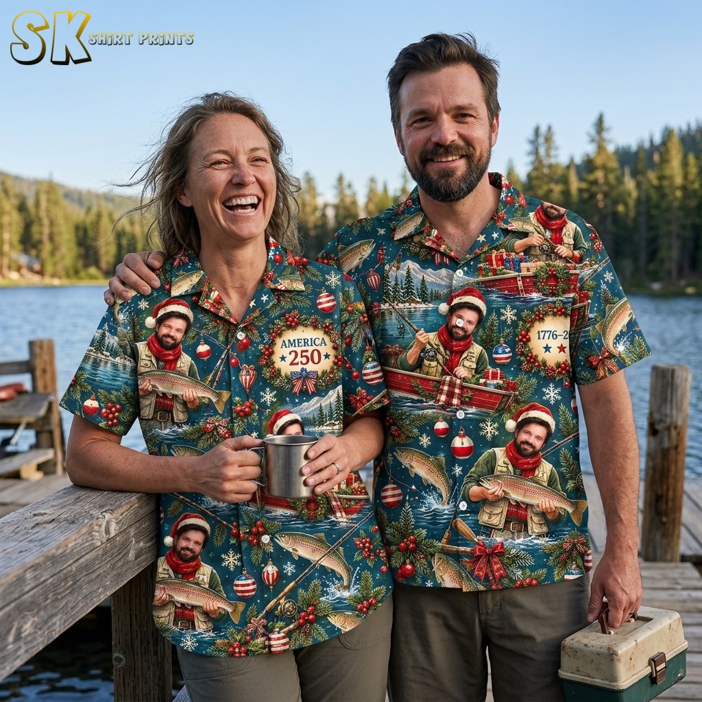 A couple photographed together with the deep blue Christmas fishing Hawaiian shirt visible, illustrating the shirt's scale and all-over print in a real-world setting.