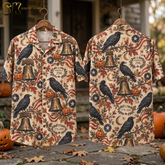 Flat lay of the front and back of halloween themed hawaiian shirts showing the full all-over pattern with ravens, Liberty Bells, pumpkins, and America 250 wreaths.