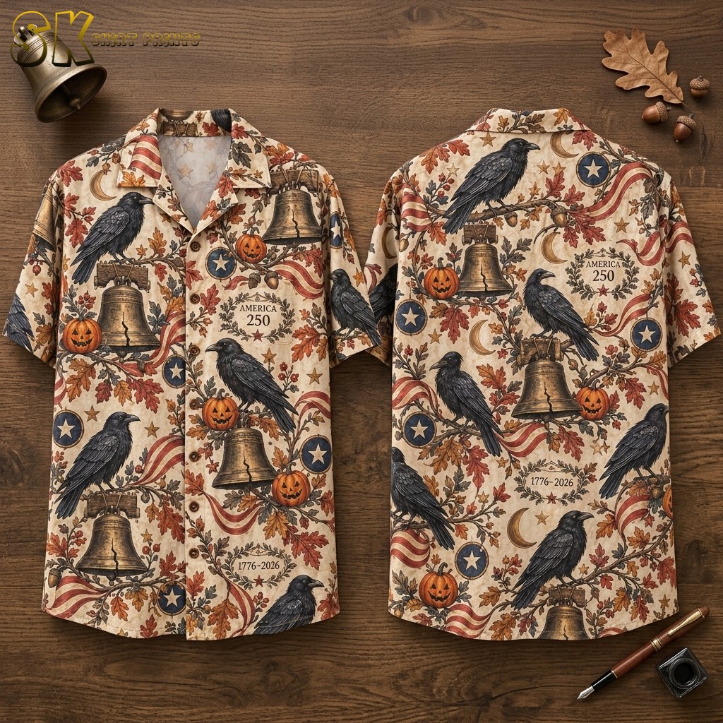 America 250 Ravens & Pumpkins Halloween Hawaiian Shirt