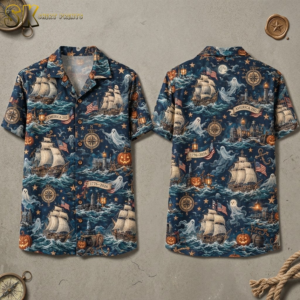 Front and back hanger view of a navy blue short-sleeve button-up shirt printed with sailing ships, ghost figures, carved pumpkins, compasses, and "AMERICA 250 / 1776–2026" banners across an all-over pattern.