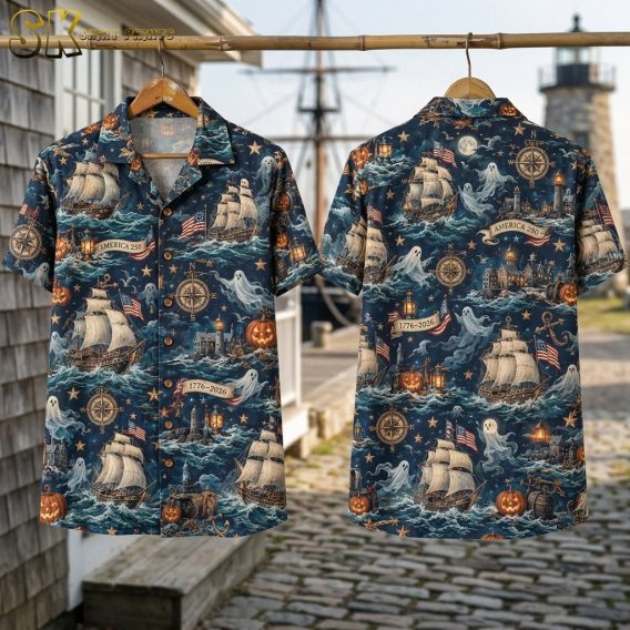 Flat-lay view of the navy blue Halloween themed Hawaiian shirt showing both the front and back panels, with the full repeat pattern of sailing ships, compasses, lighthouses, ghost figures, American flags, and carved pumpkins visible.