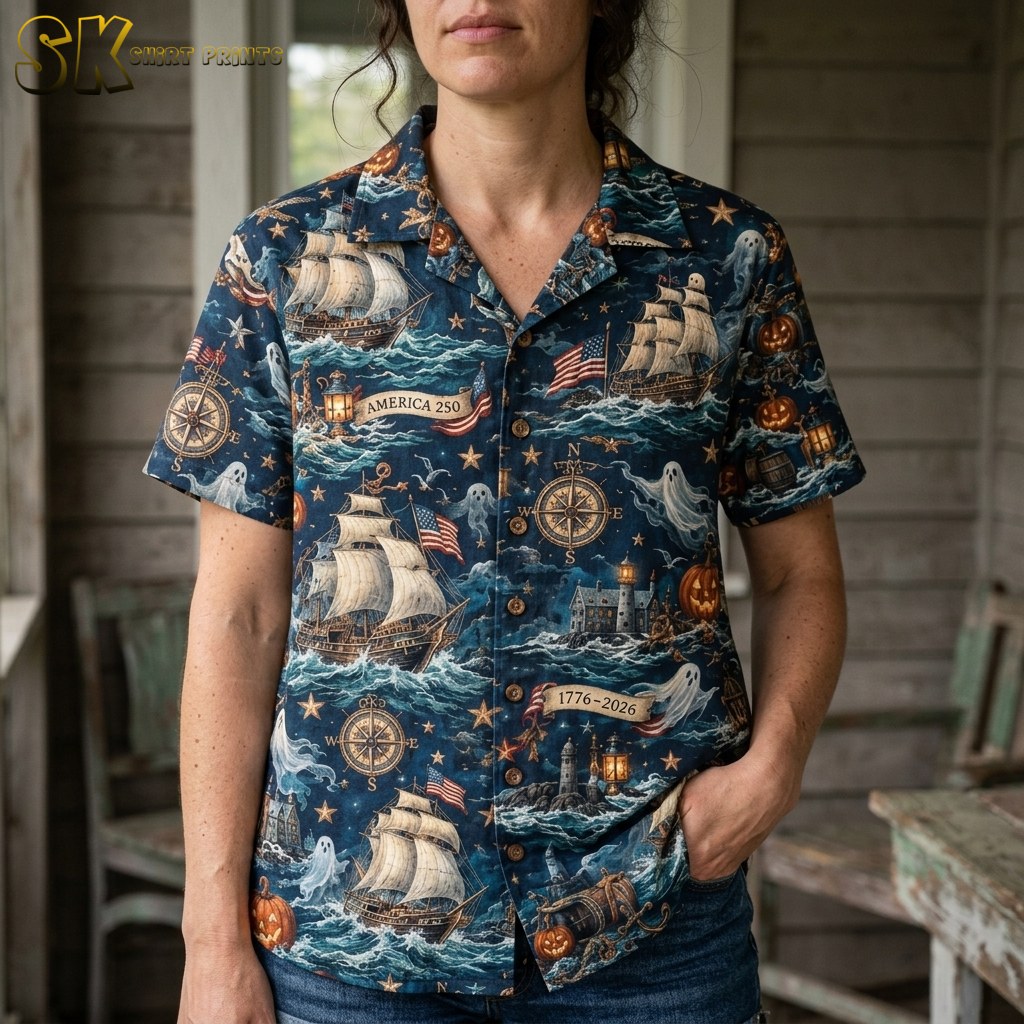 A close-up view of the America 250 shirt on a female model, highlighting the detailed painterly illustration of ghost figures, pumpkins, and maritime motifs on the navy blue fabric.