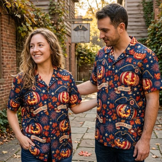 A couple shown together with one person wearing the navy blue America 250 Halloween aloha shirt featuring flag-patterned pumpkins, tricorn hats, and ribbon banners in a lifestyle setting.