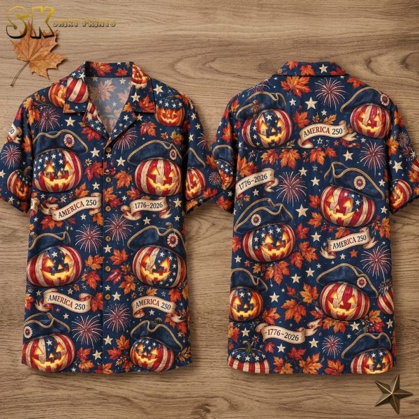 America 250 Halloween Hawaiian Shirt – Patriotic Pumpkin with Tricorn Hat & Fireworks