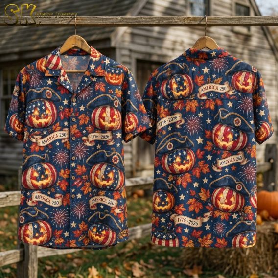 Front and back flat-lay views of the navy blue America 250 Halloween Hawaiian shirt laid on a surface, showing the full all-over pattern of patriotic pumpkins, tricorn hats, stars, fireworks, and ribbon banners reading AMERICA 250 and 1776-2026.