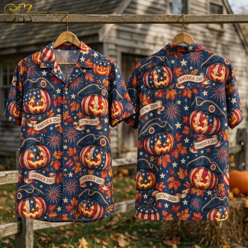 Front and back flat-lay views of the navy blue America 250 Halloween Hawaiian shirt laid on a surface, showing the full all-over pattern of patriotic pumpkins, tricorn hats, stars, fireworks, and ribbon banners reading AMERICA 250 and 1776-2026.