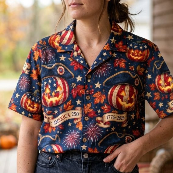 A close-up view of the America 250 Halloween Hawaiian shirt on a woman, highlighting the detailed graphic print of flag-decorated jack-o'-lanterns wearing colonial tricorn hats alongside orange maple leaves and fireworks bursts.