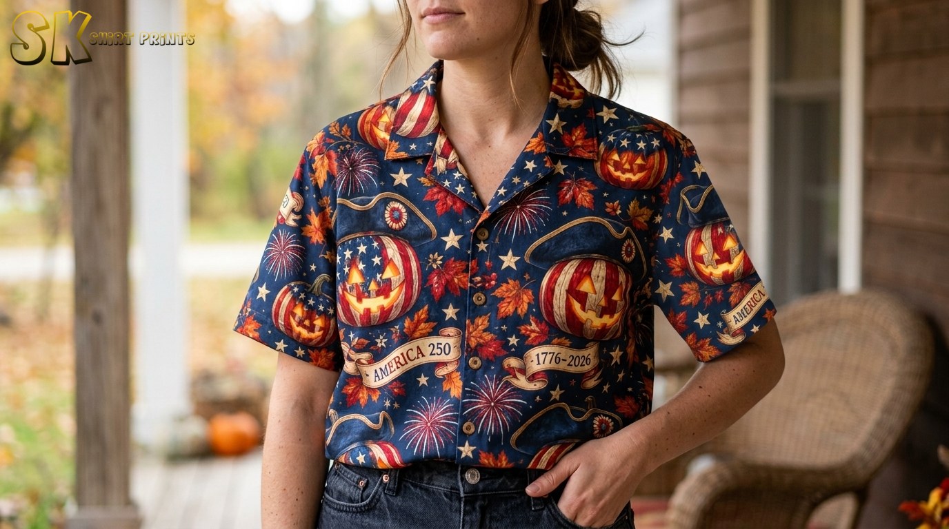 A close-up view of the America 250 Halloween Hawaiian shirt on a woman, highlighting the detailed graphic print of flag-decorated jack-o'-lanterns wearing colonial tricorn hats alongside orange maple leaves and fireworks bursts.