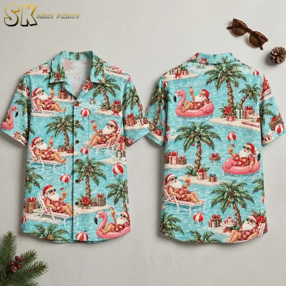 Front and back of an aqua Santa Claus Hawaiian shirt laid flat, with lounging Santas, palm trees, and pink flamingo floats.