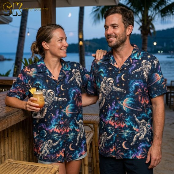 Couple lifestyle shot featuring the dark navy halloween hawaiian shirt with an astronaut, planet, and palm tree pattern in teal, purple, orange, and cream.