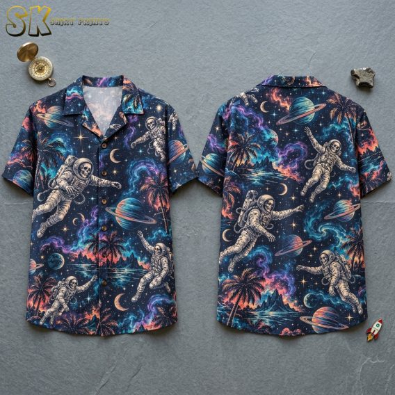 Flat-lay of the front and back of a dark navy halloween hawaiian shirt showing the full all-over pattern with astronauts, moons, ringed planets, nebulae, and palm trees.