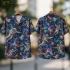 Front and back hanger view of a dark navy halloween hawaiian shirt with an all-over pattern of floating astronauts, ringed planets, nebulae, and tropical palm trees.
