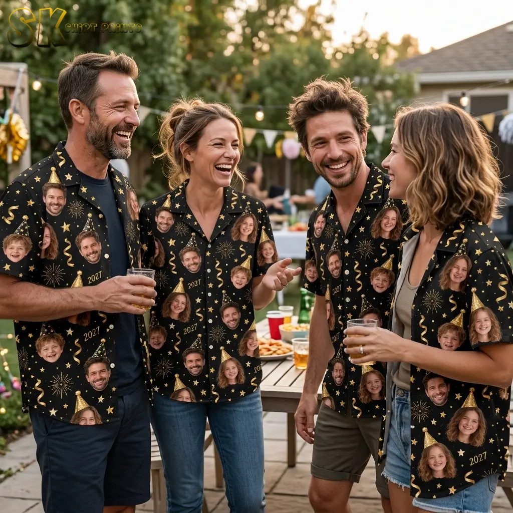 Four adults chat outdoors in matching family shirts with black backgrounds, repeated faces, and gold party designs.