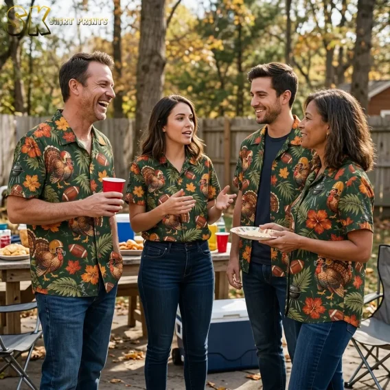 Four adults wearing matching green turkey-print shirts gather in a backyard, with a red cup and a plate in hand.