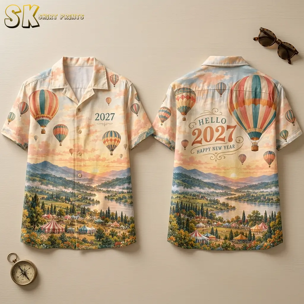 Front and back of a balloon-print button-up shirt laid on a light surface, with 2027 on the chest and a Happy New Year back graphic.