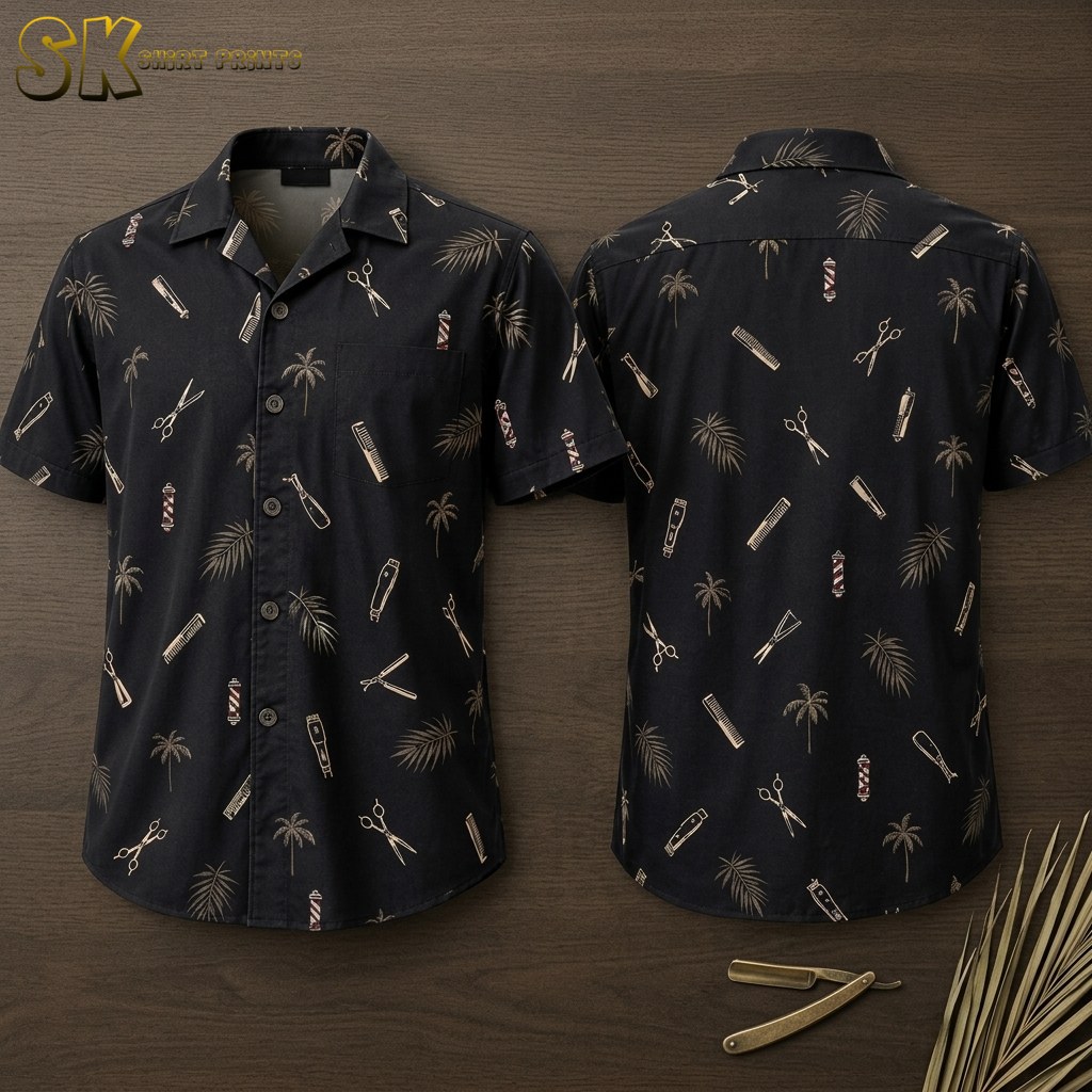 Front and back of a black short-sleeve button-up shirt displayed flat, showing an all-over pattern of scissors, combs, clippers, straight razors, barber poles, and palm trees printed in beige and muted tones.