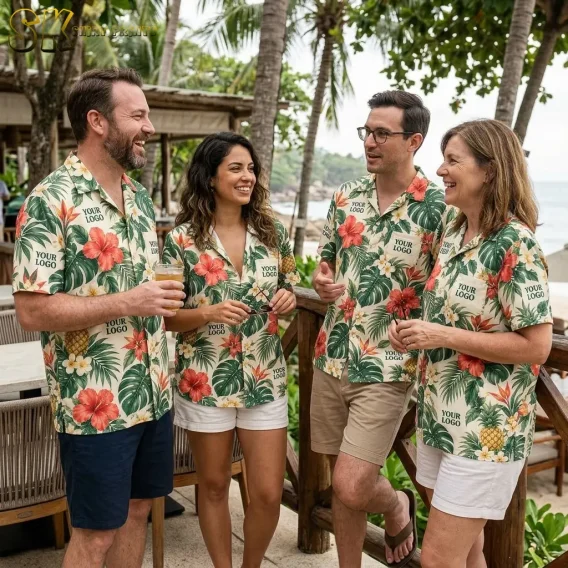 Four adults wearing matching logo Hawaiian shirts laugh together on a beachside deck surrounded by palm trees.