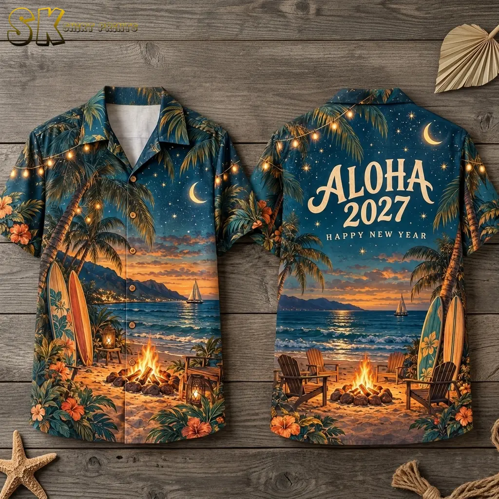 Front and back of a tropical button-up shirt laid on wood, with beach bonfire artwork and “ALOHA 2027 HAPPY NEW YEAR” on the back.