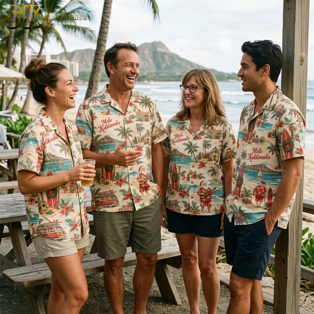 Four adults gather beside a beachside picnic table wearing matching Christmas aloha shirts with red lettering and tropical holiday scenes.
