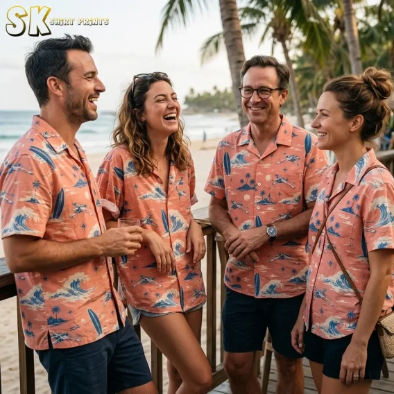 Four adults stand together beside a beach wearing matching coral pink shirts patterned with blue waves, surfboards, and spacecraft.