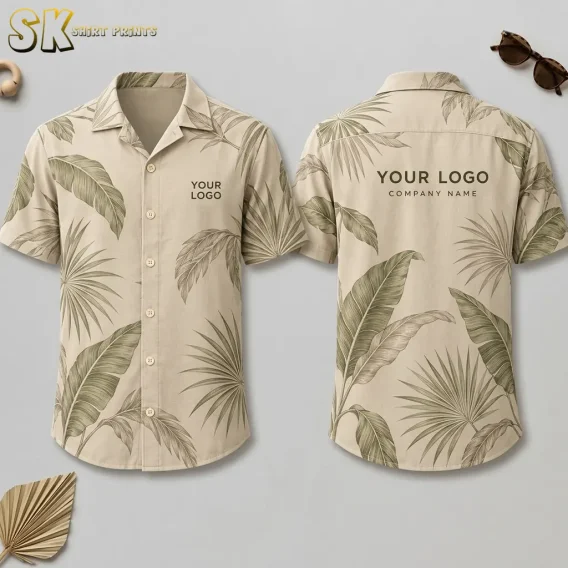 Front and back views of a beige button-up shirt covered in olive banana and fan palm leaves, with 'YOUR LOGO' printed on the left chest and 'YOUR LOGO / COMPANY NAME' across the upper back.