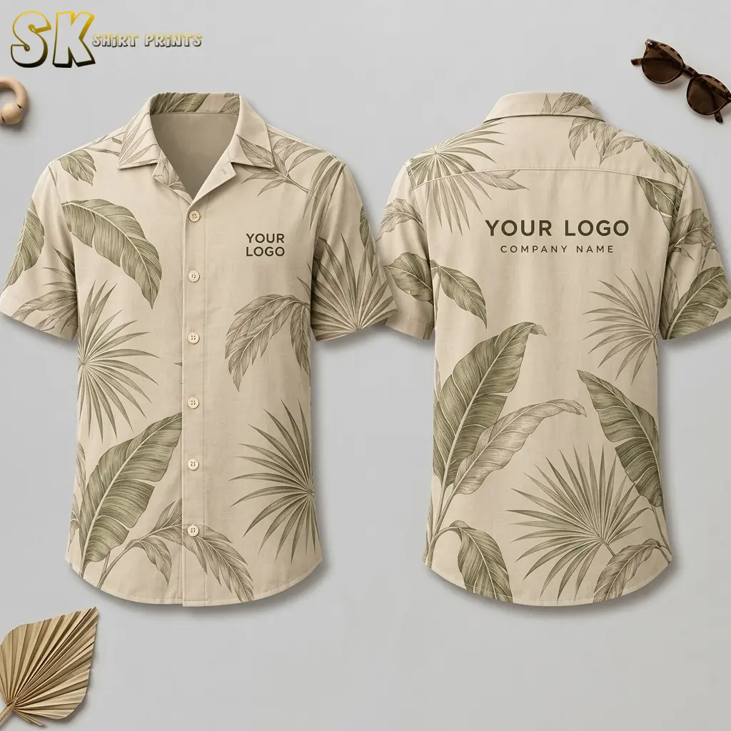 Front and back views of a beige button-up shirt covered in olive banana and fan palm leaves, with 'YOUR LOGO' printed on the left chest and 'YOUR LOGO / COMPANY NAME' across the upper back.